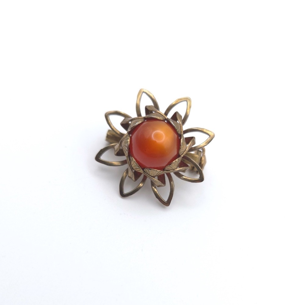 Vintage Gold Tone Flower Brooch Red Carnelian Cabochon Petal Pin Small